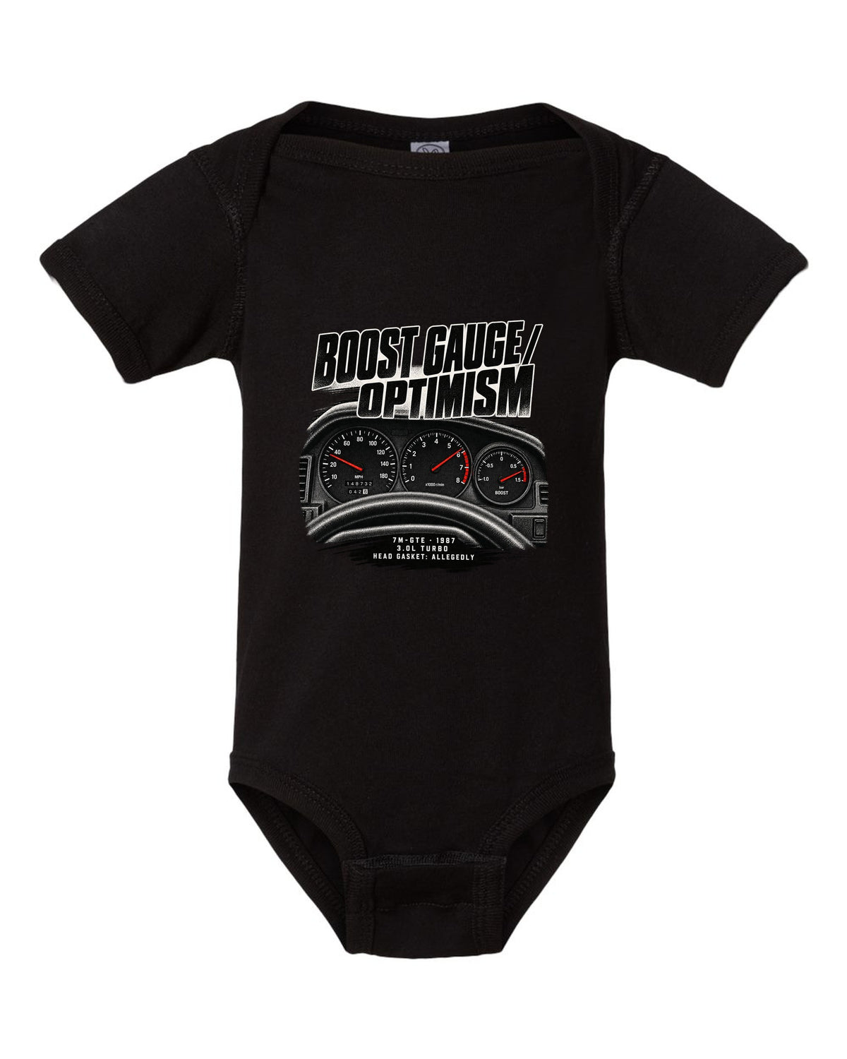 Cockpit gauge print for a Toyota Supra A70 MA70 with the text Boost Gauge Optimism 7M-GTE 1987 black baby onesie front view with the design