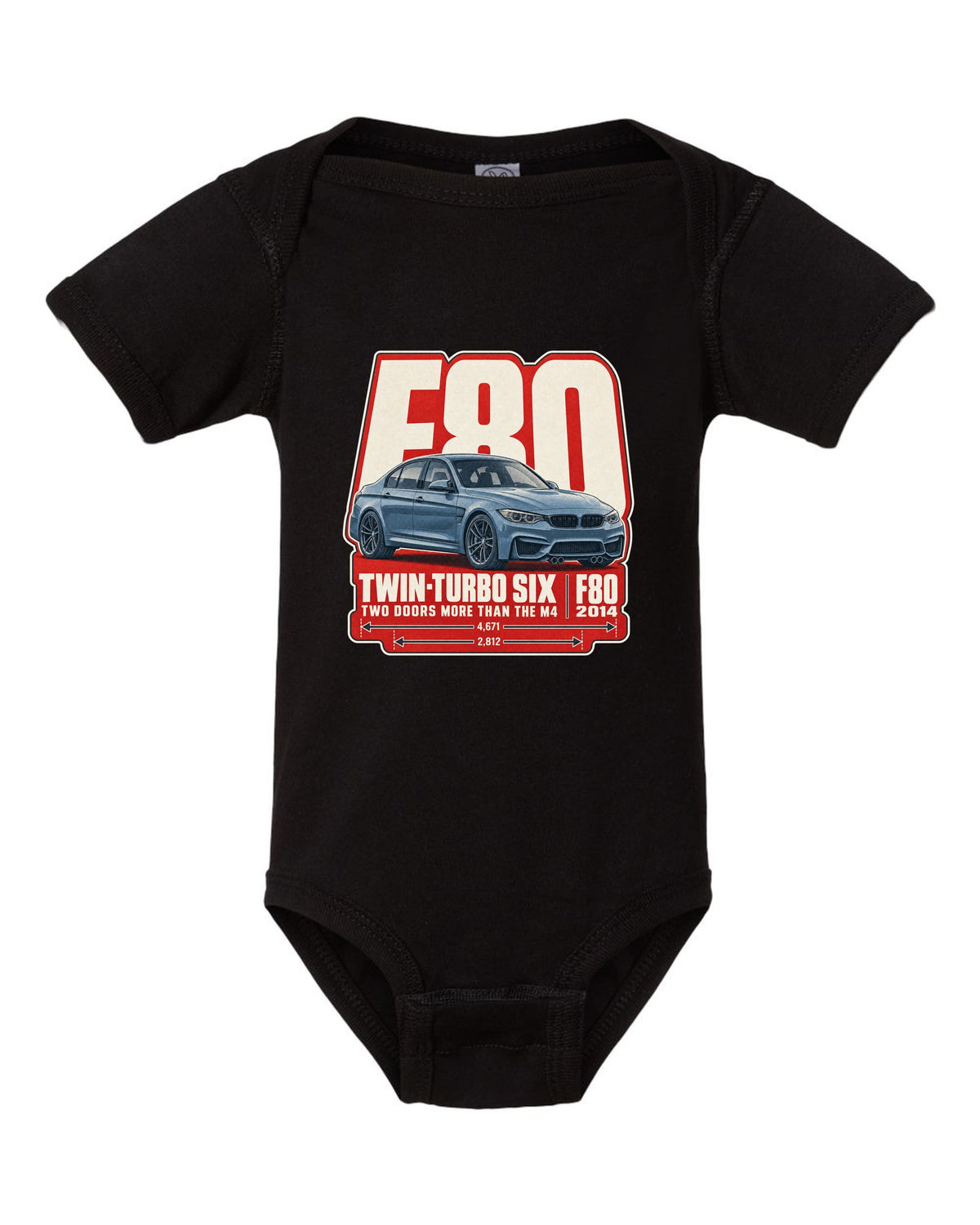 BMW M3 F80 halftone dot statement print black baby onesie front view with the design