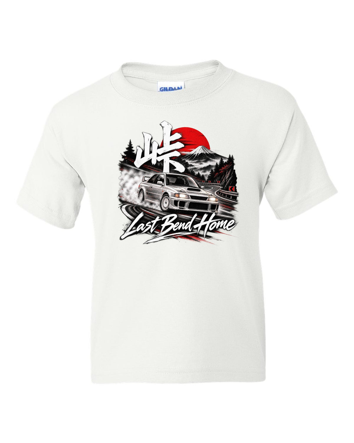 Subaru Impreza WRX GC8 coupe at a night touge bend with Last Bend Home text white kids tee front view with the design
