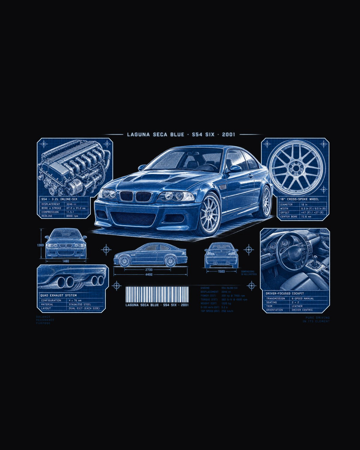 BMW E46 M3 Coupe Laguna Seca Blue Dossier Shirt, S54 Six design only