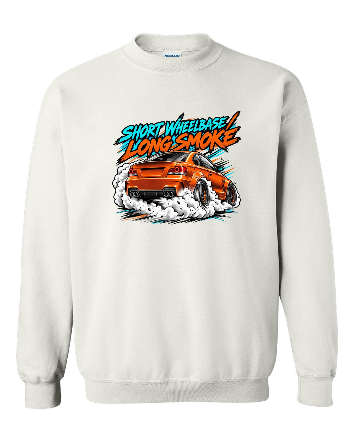 Retro manga halftone panel print of a BMW 1 Series M Coupe E82 burnout white crewneck front view with the design