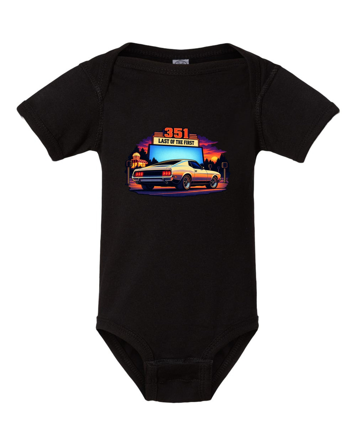 Cel-shaded anime print of a 1973 Ford Mustang fastback at a drive-in black baby onesie front view with the design