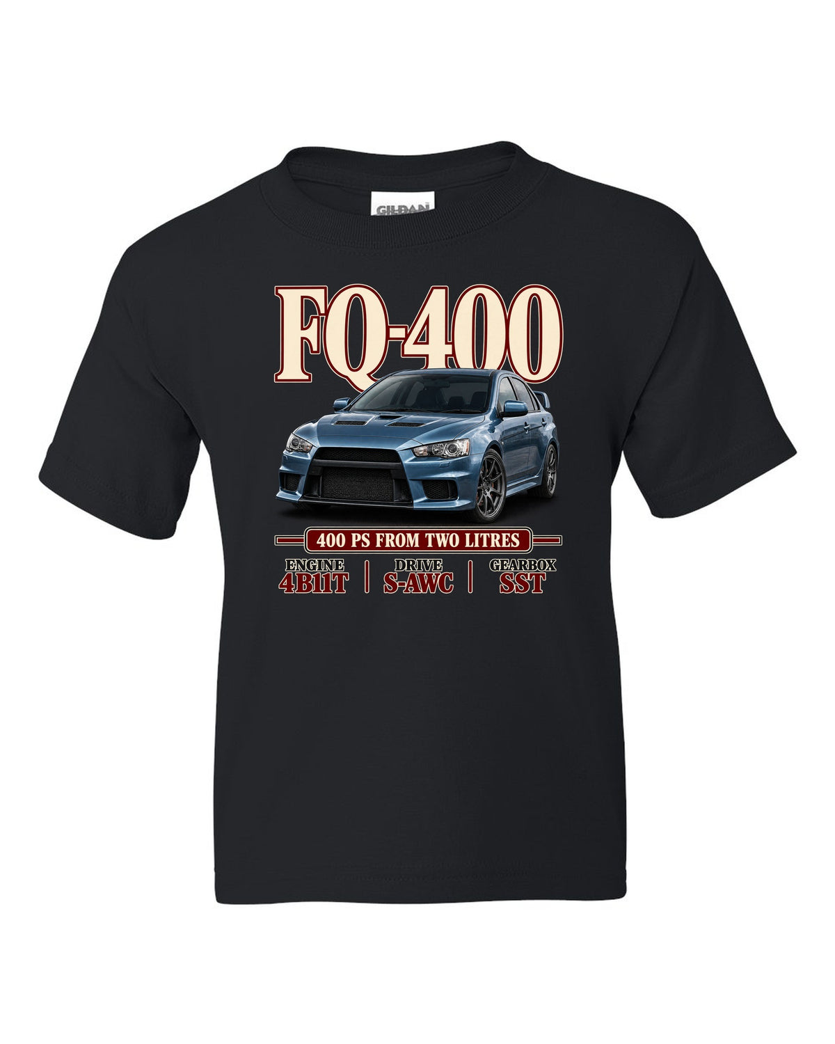 Mitsubishi Lancer Evolution X FQ-400 low front three-quarter archive panel print black kids tee front view with the design
