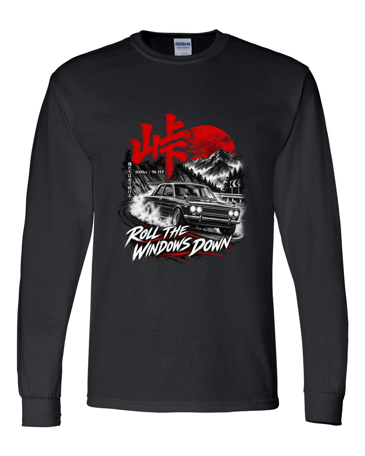 print of a Datsun 510 PL510 sedan on a mountain road at night with touge kanji black long sleeve front view with the design