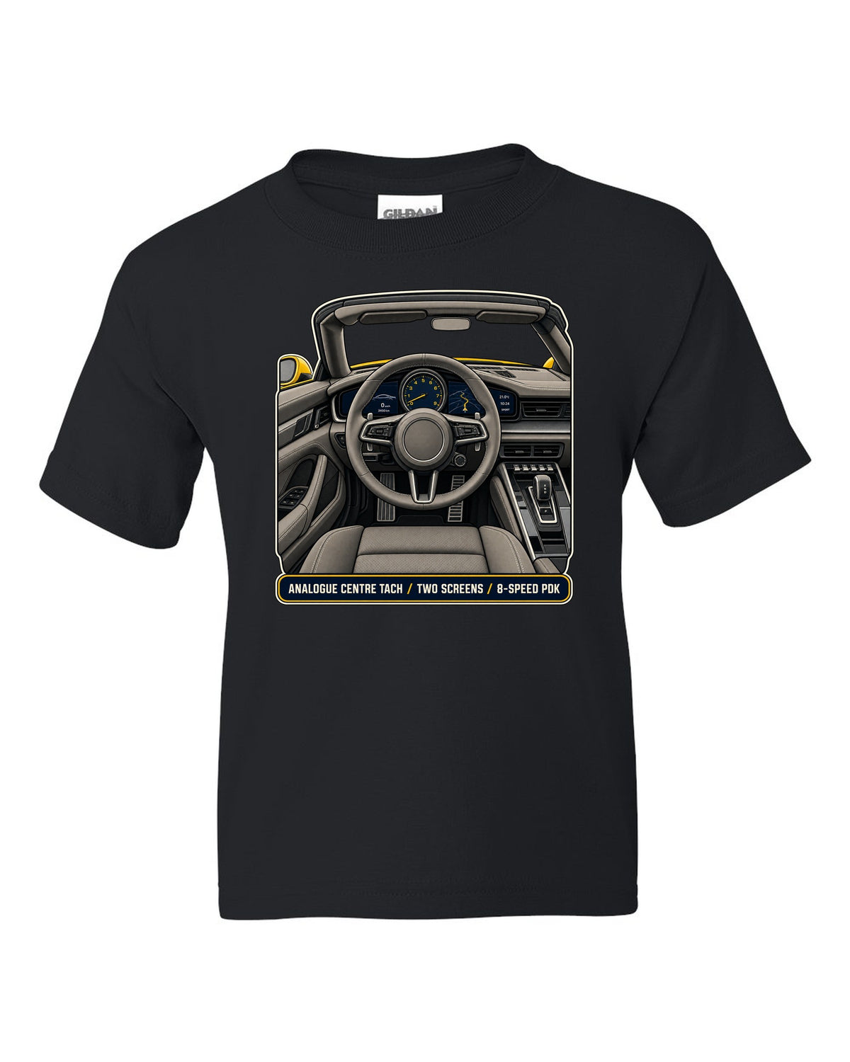 Cockpit and gauge print of a Porsche 992 Carrera S Cabriolet black kids tee front view with the design