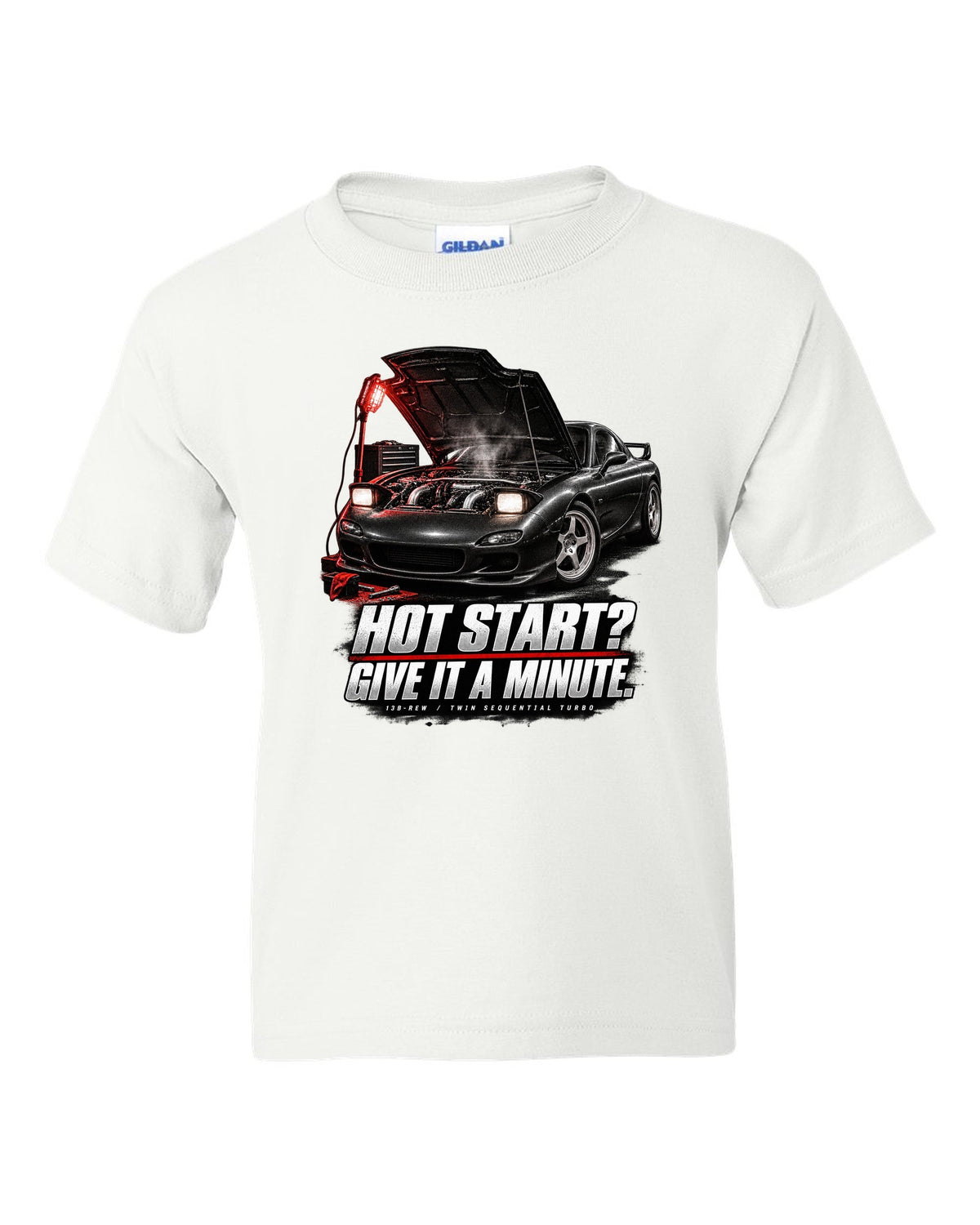 Garage night print of a Mazda RX-7 FD3S with hot start joke and 13B-REW lettering white kids tee front view with the design