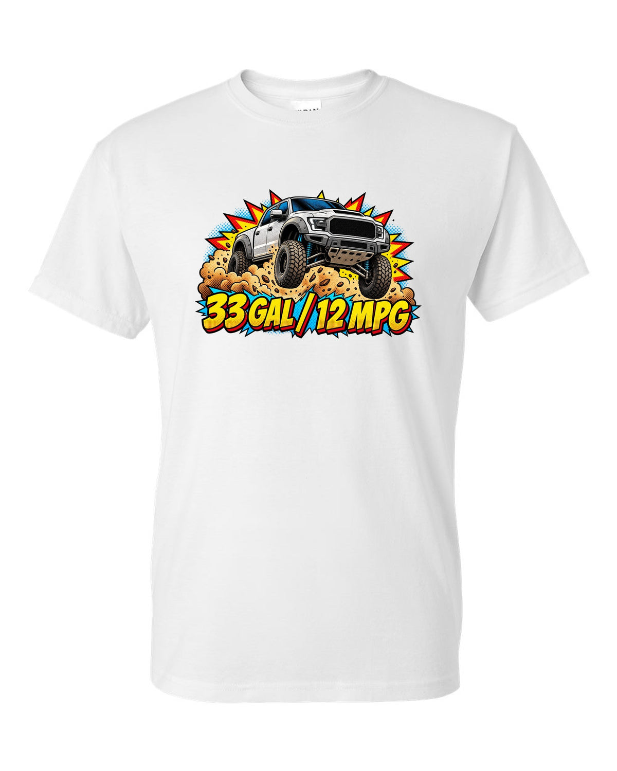 Comic halftone print of an airborne 2021-2024 Ram 1500 TRX with 33 gal 12 mpg text white t-shirt front view with the design