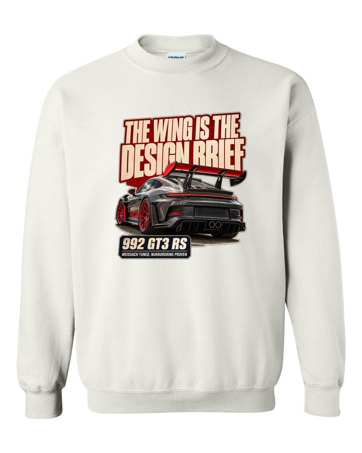 Porsche 992 GT3 RS editorial headline print design white crewneck front view with the design