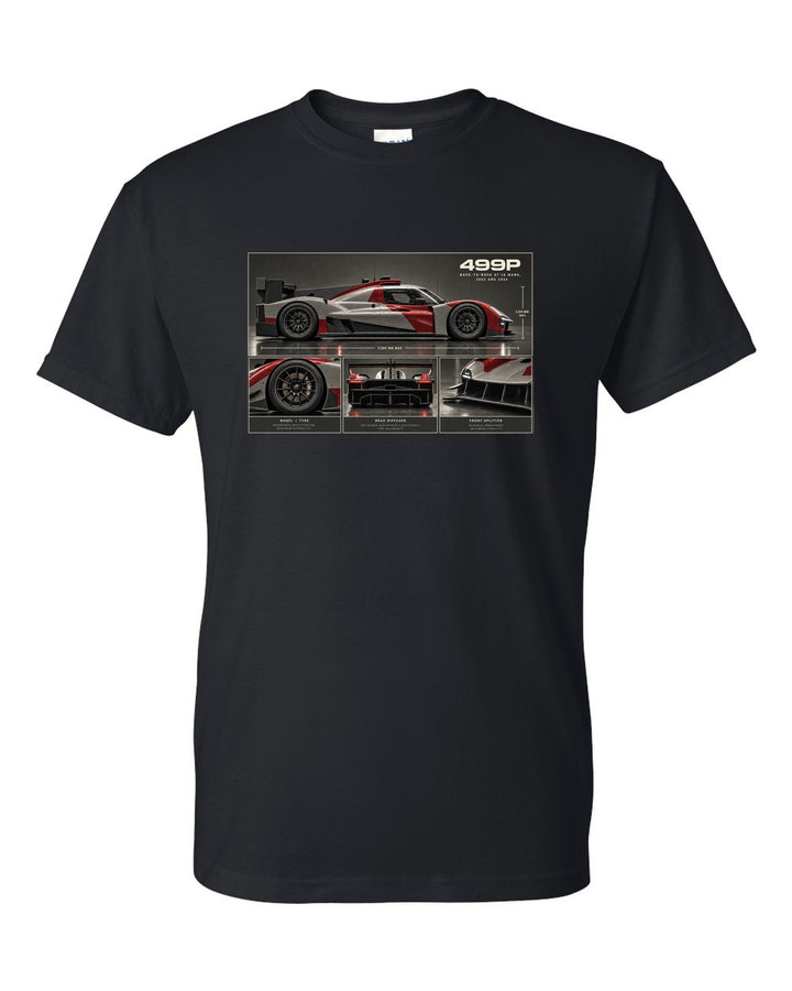 Ferrari 499P dossier panel print noting back-to-back at Le Mans 2023 and 2024 black t-shirt front view with the design