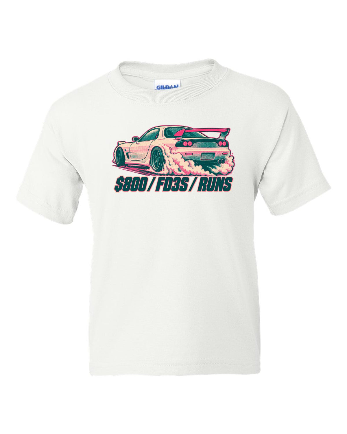Geometric op-art rotor housing design for the Mazda RX-7 FD3S with 654 CC X 2 / NO PISTONS lettering white kids tee front view with the design