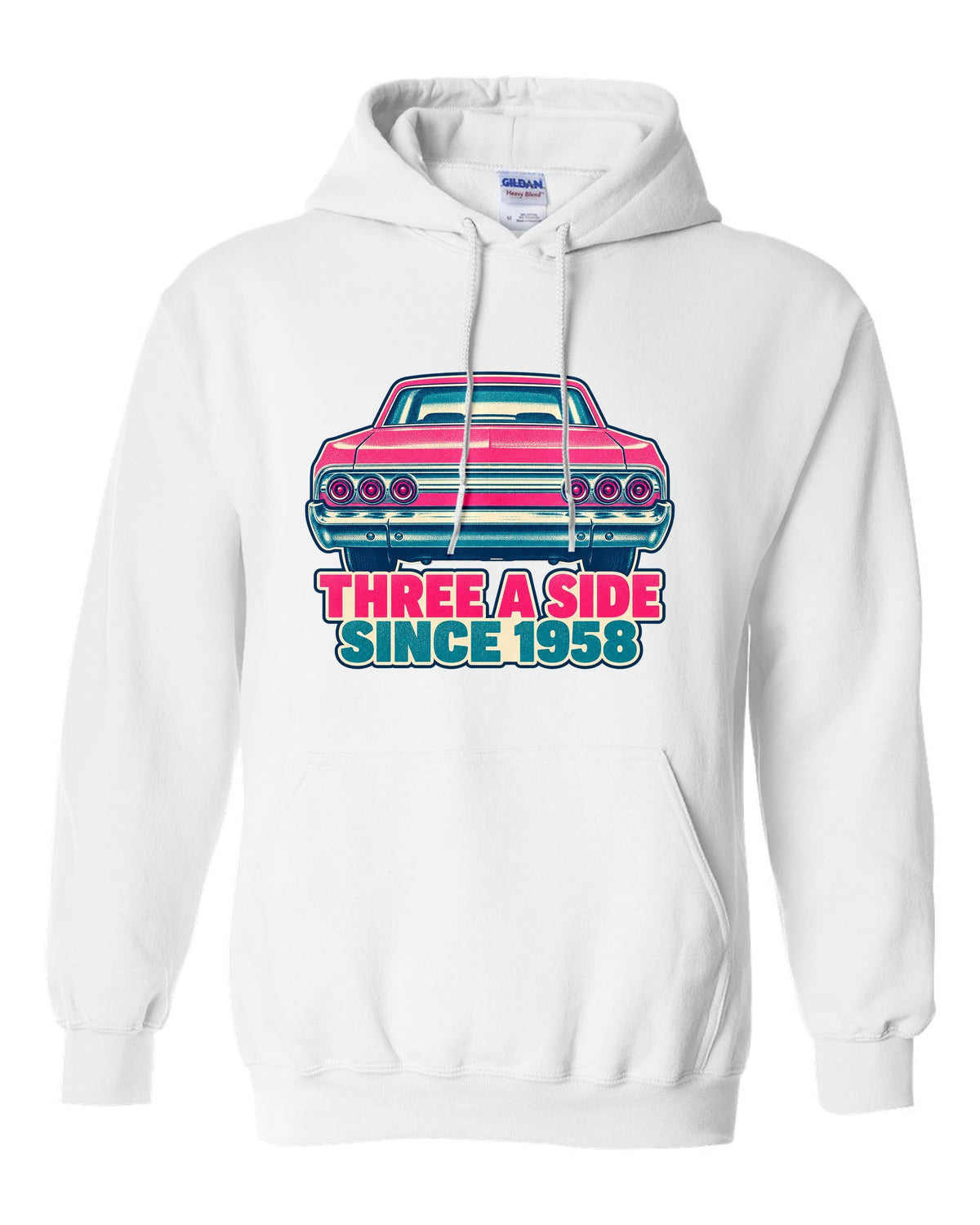 Two-colour risograph print of a 1964 Chevrolet Impala with its triple taillights white pull over hoodie front view with the design