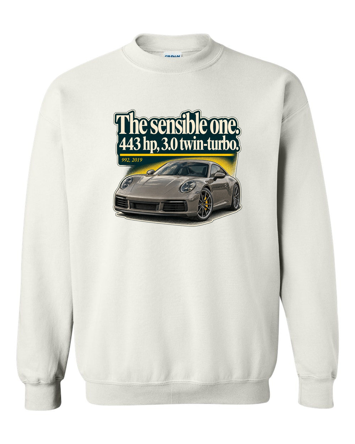 print of a Porsche 992 Carrera S coupe with an editorial headline layout white crewneck front view with the design
