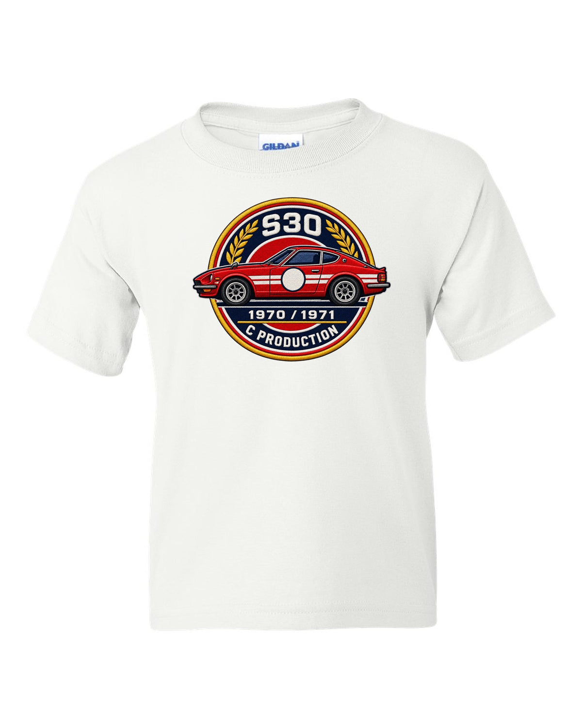 Round crest print for the Datsun 240Z S30 with S30, 1970, 1971 and C Production lettering white kids tee front view with the design