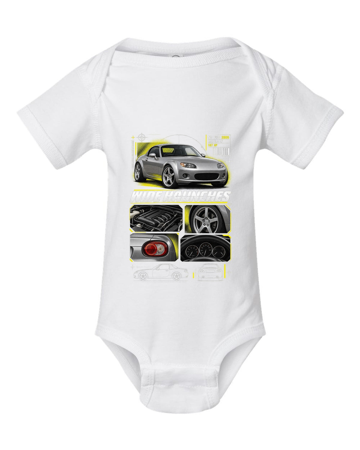 Dossier panels print for the Mazda MX-5 NC PRHT 2005-15 with MZR 2.0 LF and wide haunches white baby onesie front view with the design