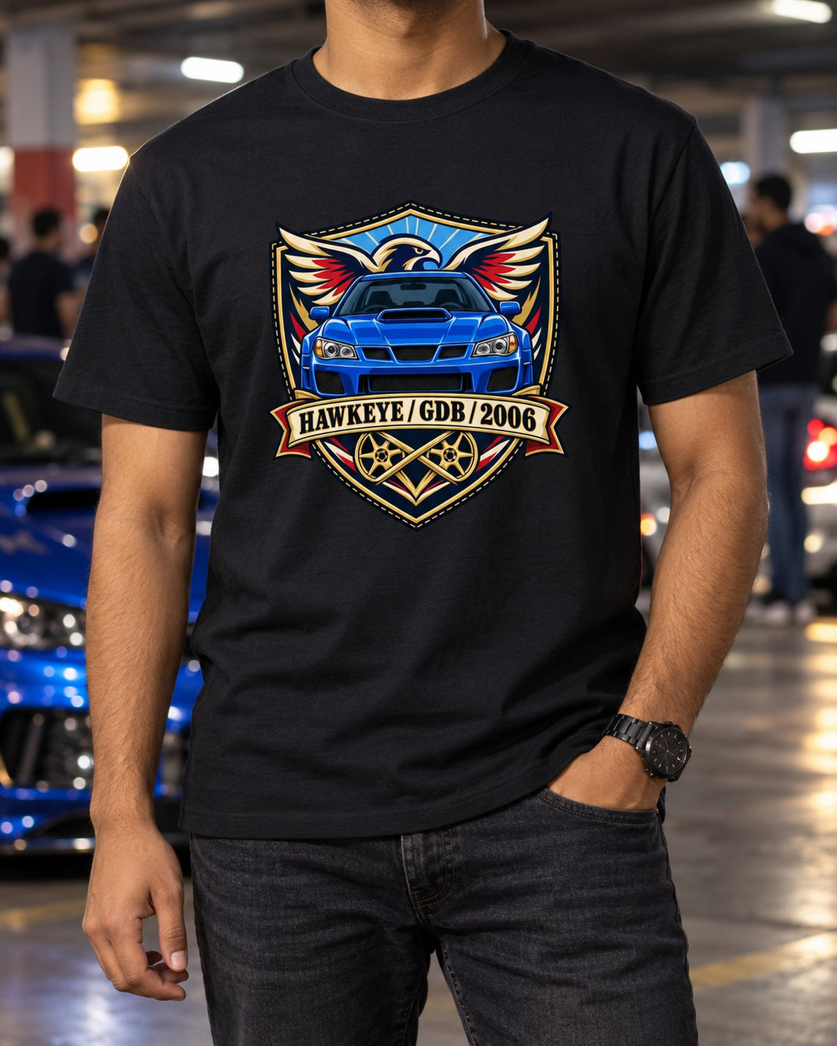 Subaru Impreza WRX STI GDB Hawkeye Varsity Crest Shirt T-Shirt Black worn hero