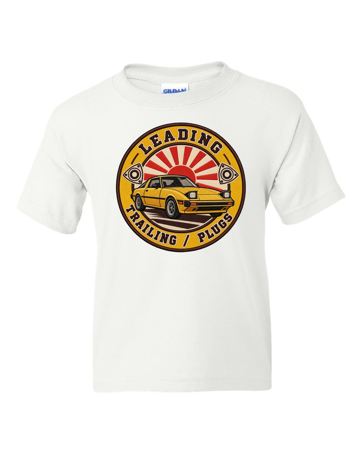 Embroidery-style roundel crest of a Mazda RX-7 SA22C with rotary plug text white kids tee front view with the design