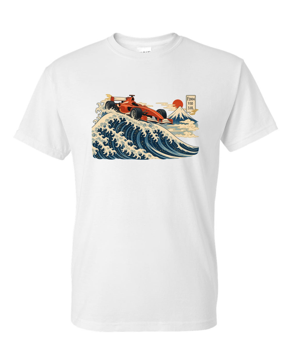 Woodblock print style Ferrari F2004 Formula 1 car in front of a wave with V10 lettering white t-shirt front view with the design