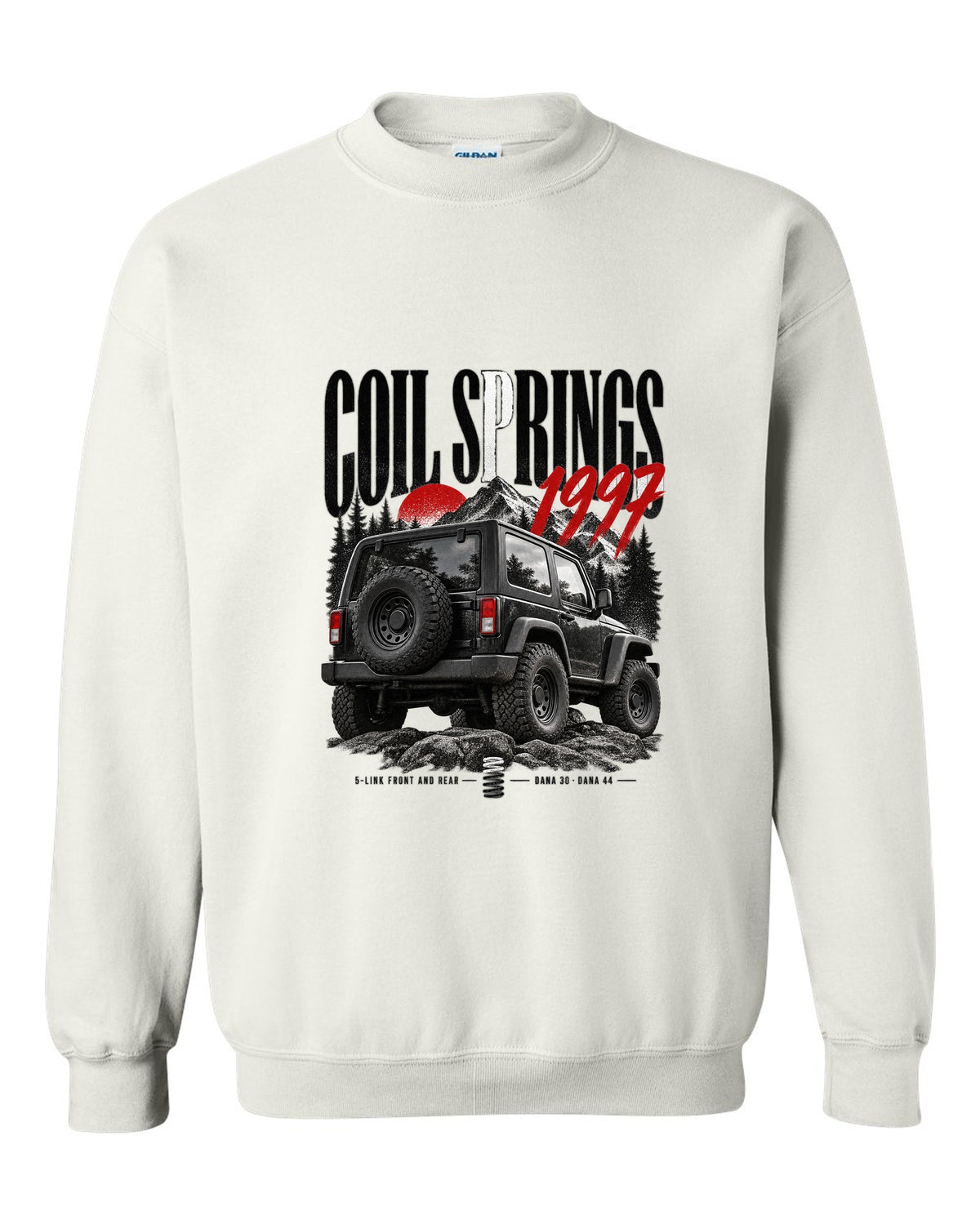 Editorial print for the Jeep Wrangler TJ, coil springs 5-link Dana 30 and Dana 44 white crewneck front view with the design