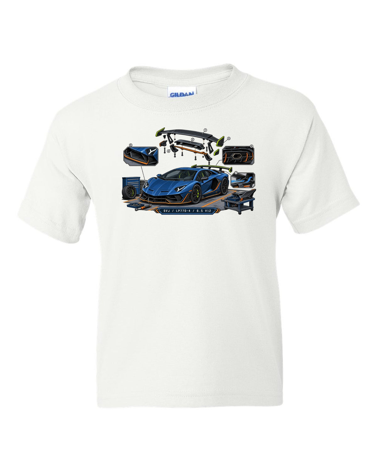 Isometric exploded-view engineering drawing of a Lamborghini Aventador SVJ LP770-4 with V12 text white kids tee front view with the design