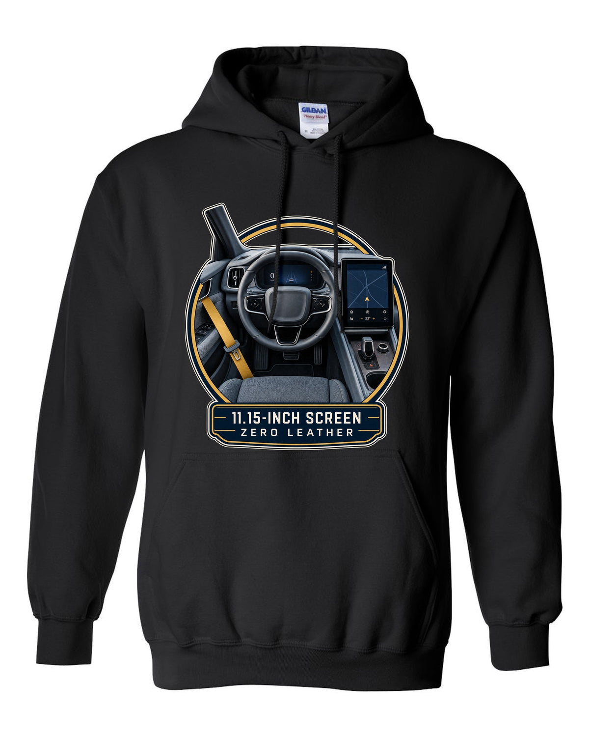 Polestar 2 cockpit with large centre screen, print design black pull over hoodie front view with the design