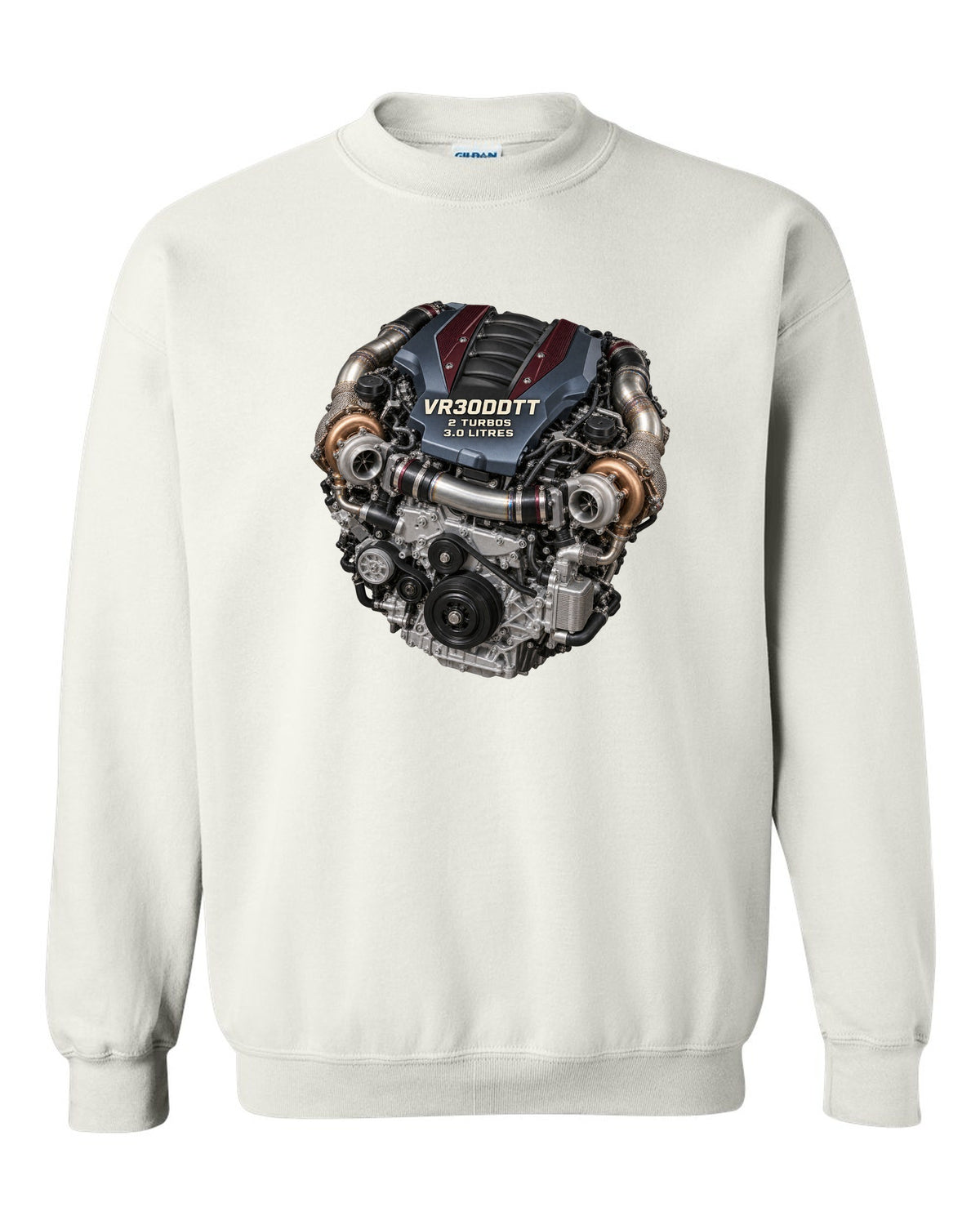 Hero image of a Nissan VR30DDTT twin-turbo V6 engine from the RZ34 Z white crewneck front view with the design