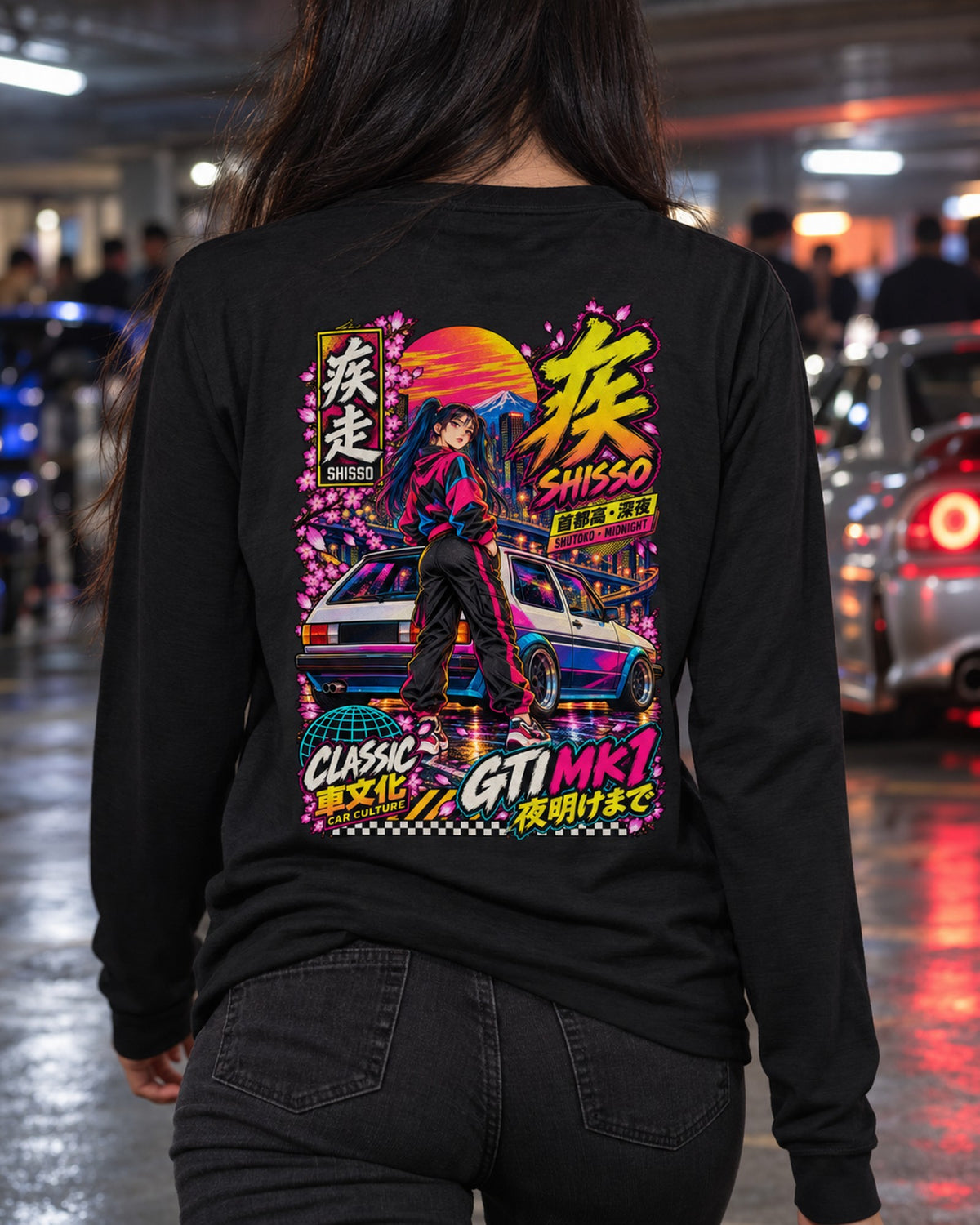 SHISSO GTI MK1 Anime Girl Full-Back Graphic Tee Long Sleeve Black worn hero