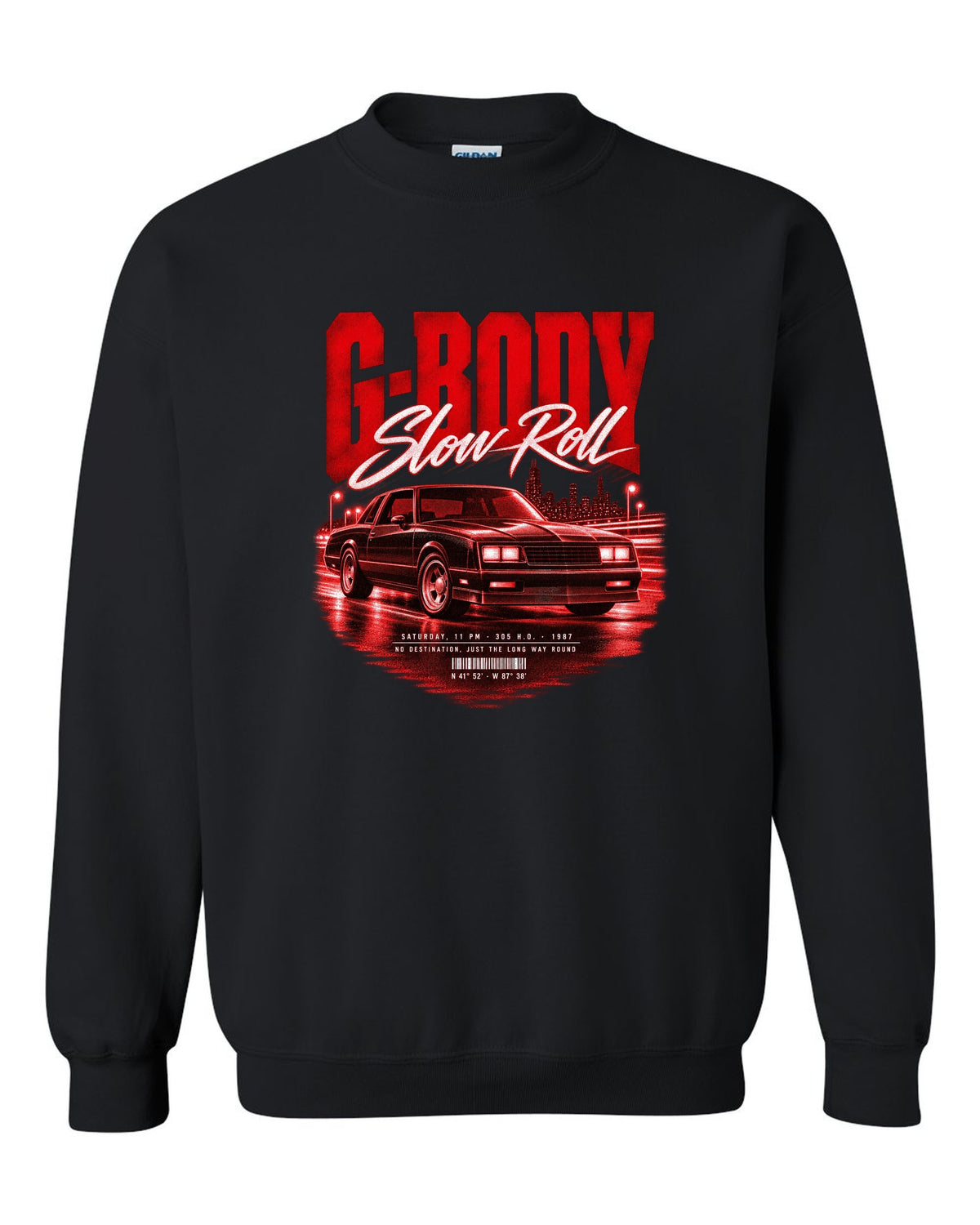 1987 Monte Carlo SS G-body street poster print with Slow Roll lettering black crewneck front view with the design