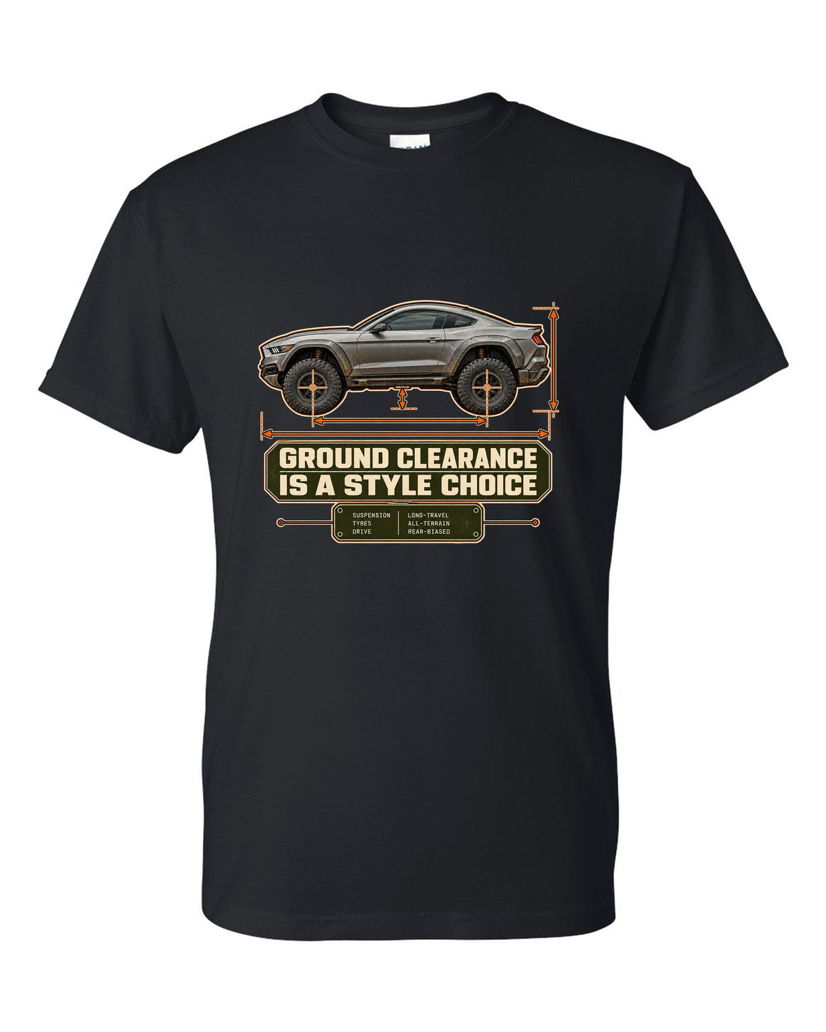 print of a Mustang Raptor concept dimension blueprint with ground clearance text black t-shirt front view with the design