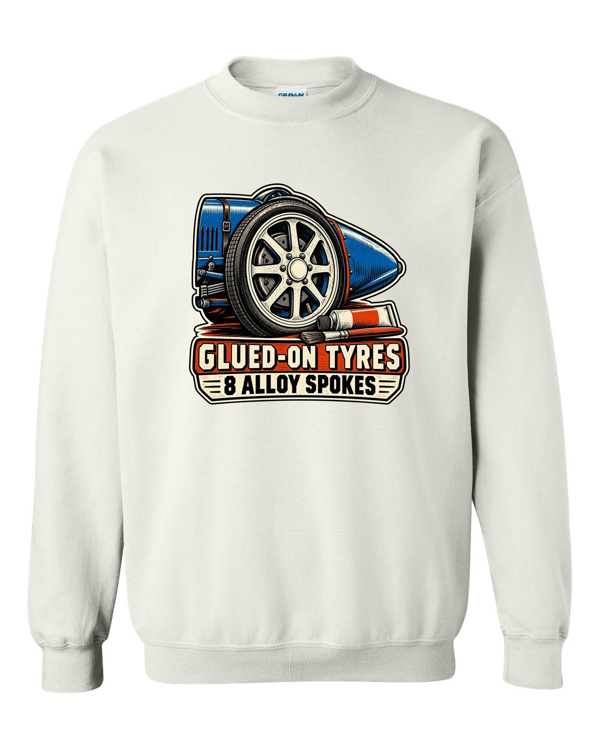 Linocut style print of a Bugatti Type 35 eight-spoke alloy wheel with glued-on tyres lettering white crewneck front view with the design