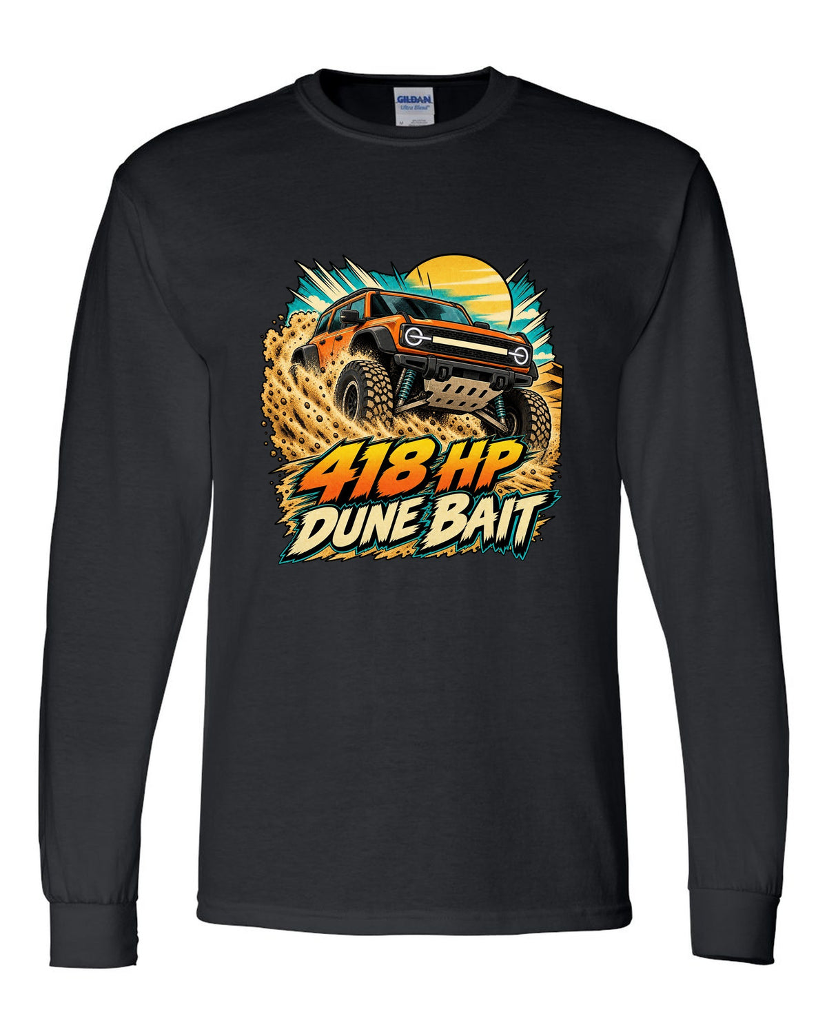 Ford Bronco Raptor U725 in a retro manga halftone dune panel print black long sleeve front view with the design