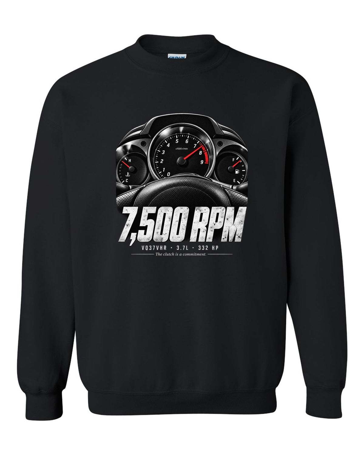 print of a Nissan 370Z Z34 gauge cluster at 7,500 RPM with VQ37VHR text black crewneck front view with the design