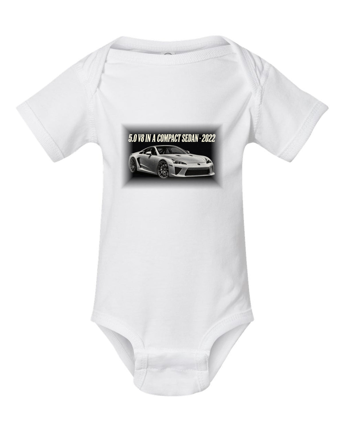 Cockpit and gauge cluster print of the Lexus LC 500 white baby onesie front view with the design