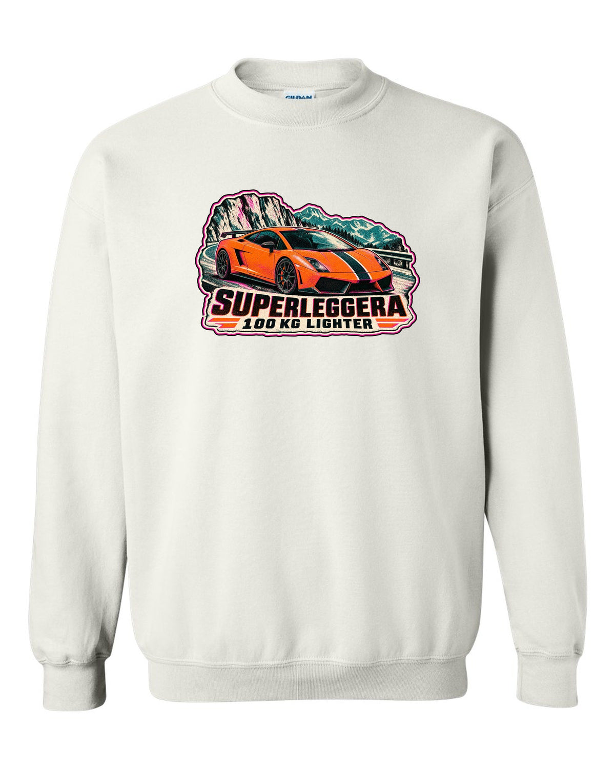 Risograph-style Lamborghini Gallardo Superleggera design with 100 KG lighter lettering white crewneck front view with the design