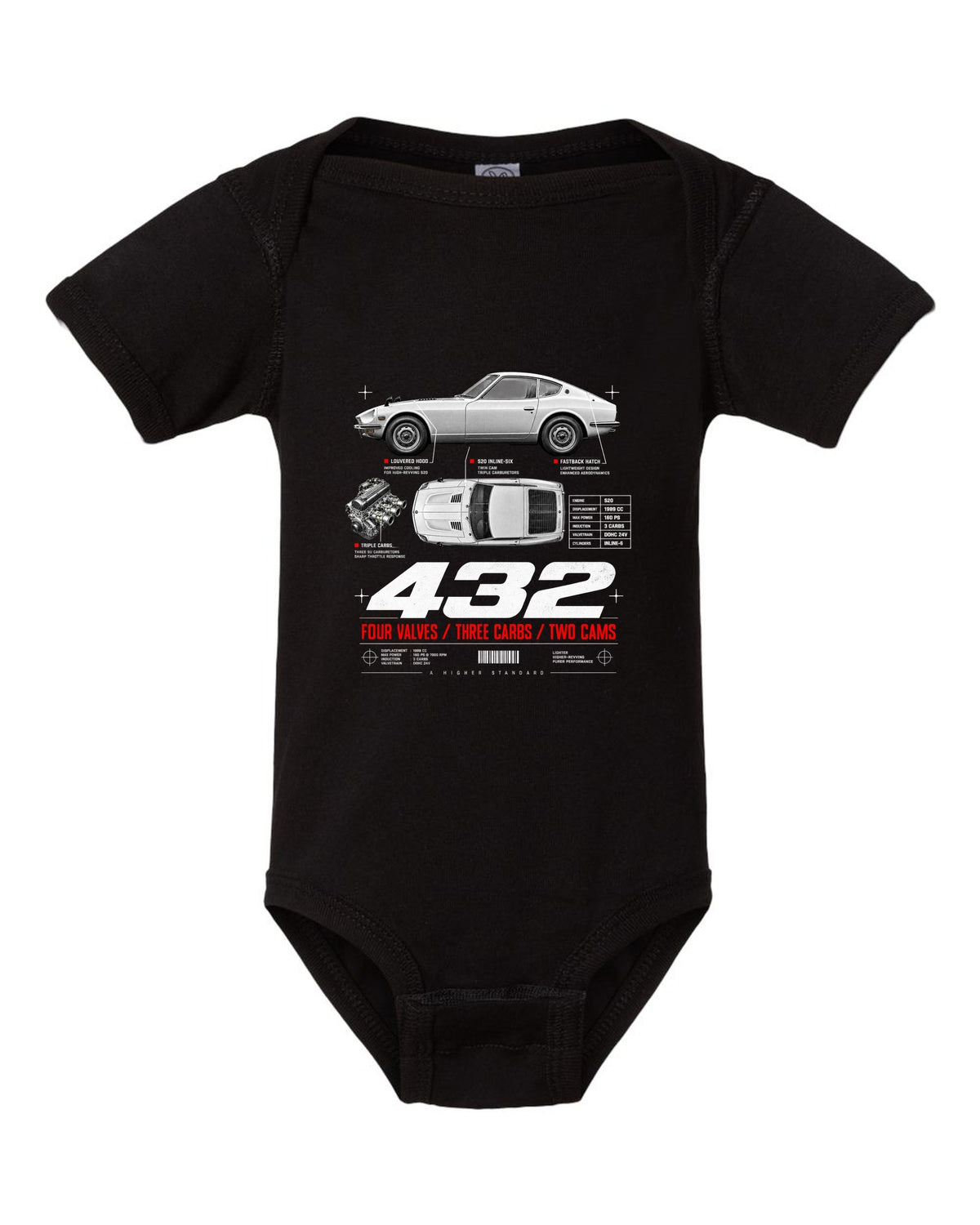 print spec poster of a 1970 Datsun Fairlady Z432 PS30 in profile and top-down view black baby onesie front view with the design