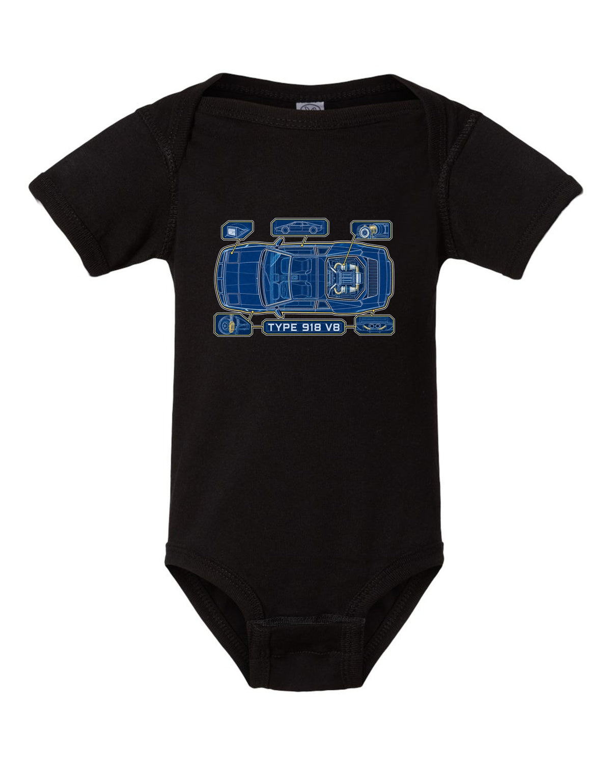 Lotus Esprit V8 cyanotype blueprint with TYPE 918 V8 lettering black baby onesie front view with the design