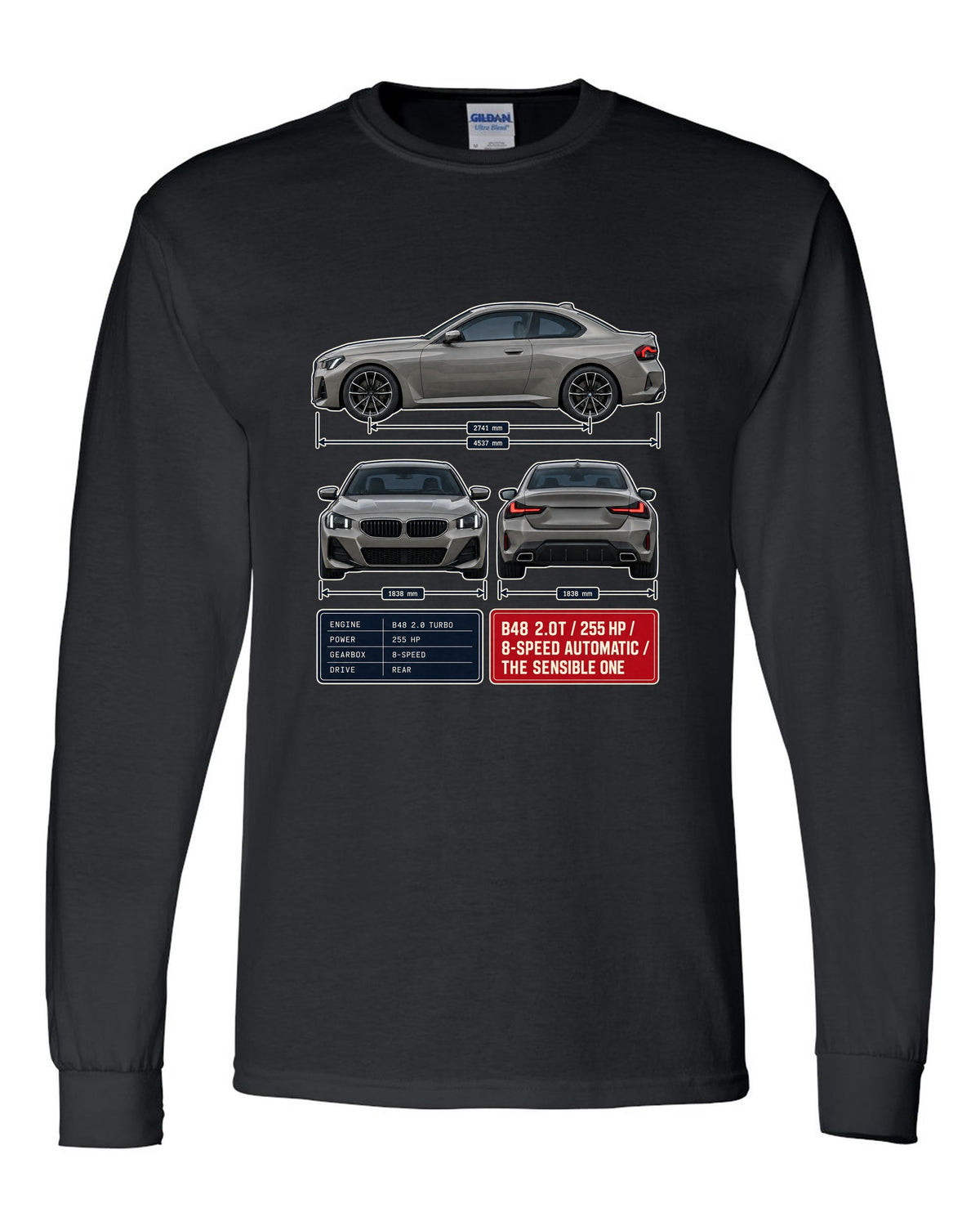 BMW 230i G42 coupe three-view drawing with spec table print black long sleeve front view with the design