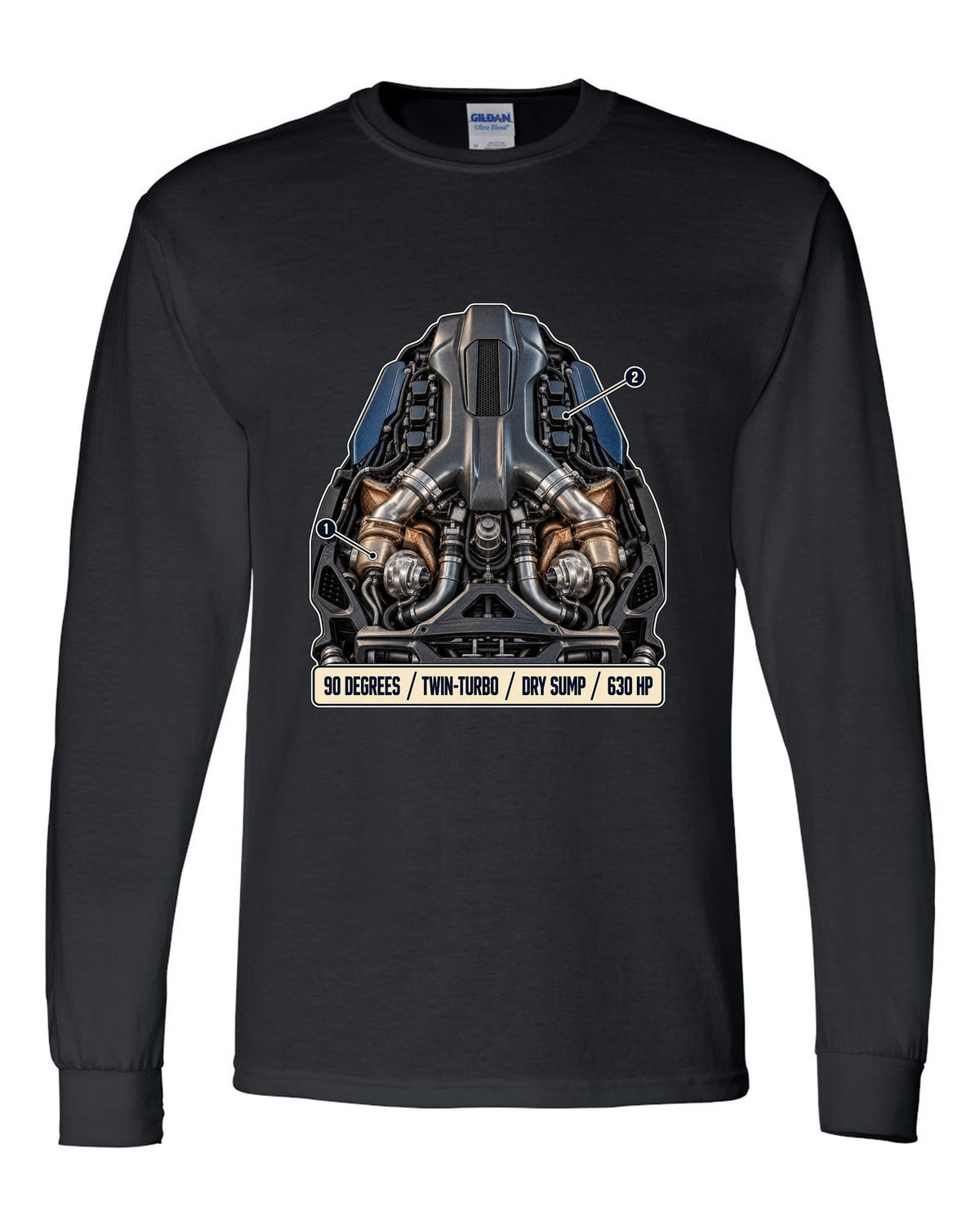Maserati MC20 Nettuno V6 engine hero illustration, print black long sleeve front view with the design
