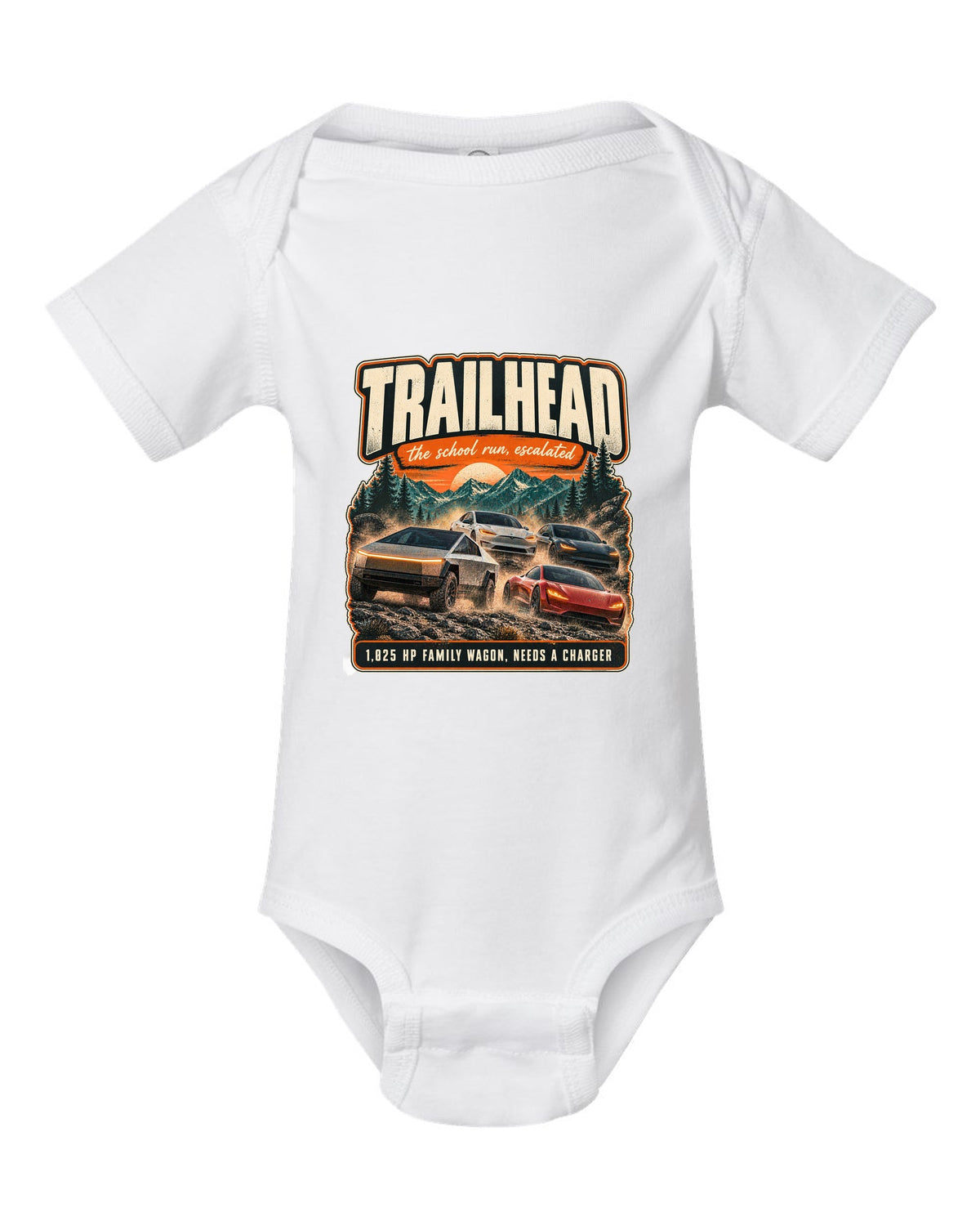 Street poster print of a Rivian R1S with trailhead and horsepower text white baby onesie front view with the design