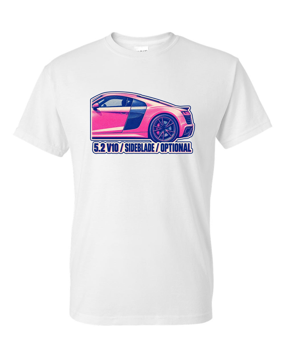 Risograph two-ink print of an Audi R8 4S with 5.2 V10 and Sideblade text white t-shirt front view with the design