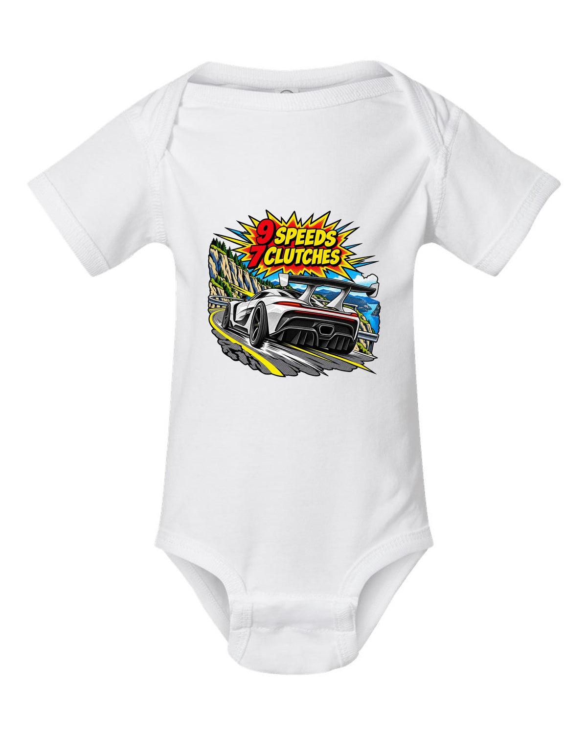 Comic halftone pop art print of a Koenigsegg Jesko with 9 speeds and 7 clutches lettering white baby onesie front view with the design