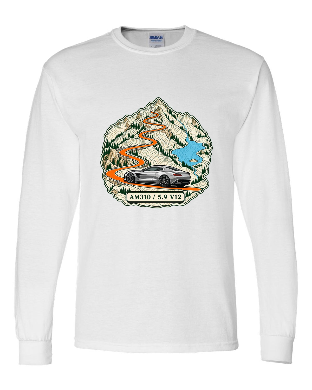 Topographic ridge route map print for the 2012 Aston Martin Vanquish AM310 with 5.9 V12 lettering white long sleeve front view with the design