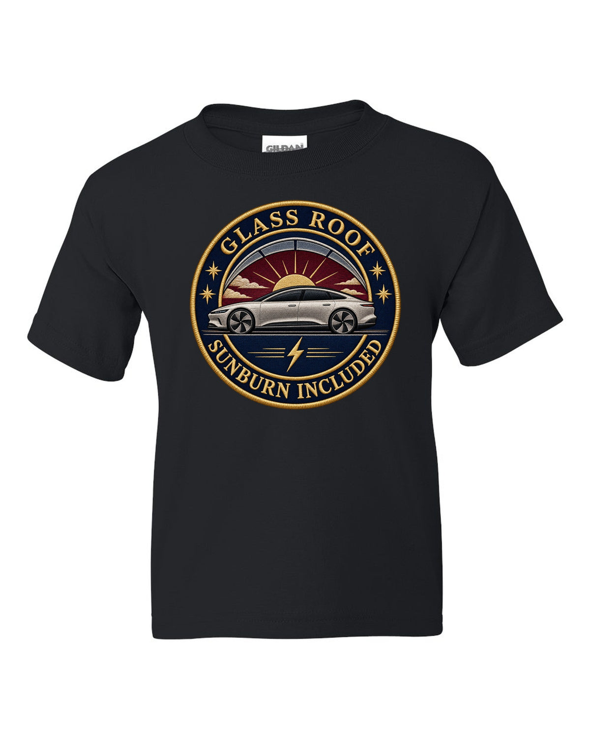 Lucid Air Sapphire round embroidery-style crest print with the text glass roof sunburn included black kids tee front view with the design