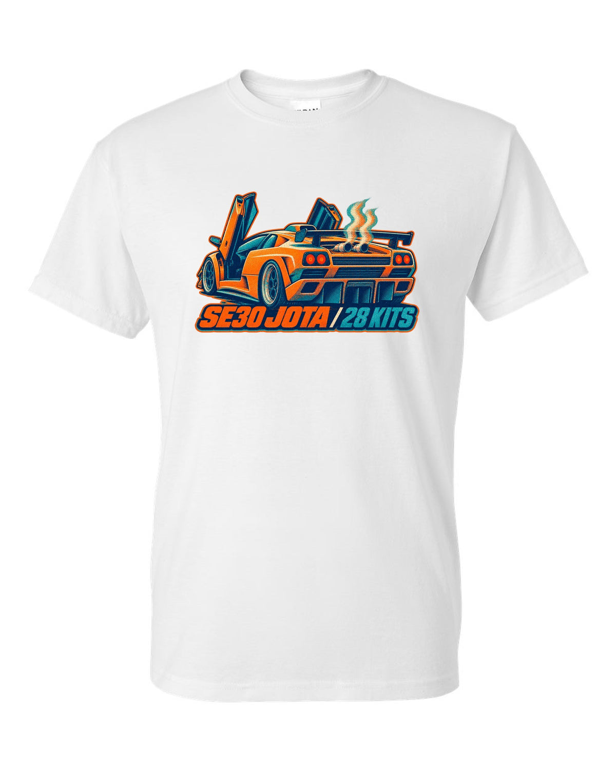 Risograph spot-colour print of a 1995 Lamborghini Diablo SE30 Jota with 28 kits lettering white t-shirt front view with the design