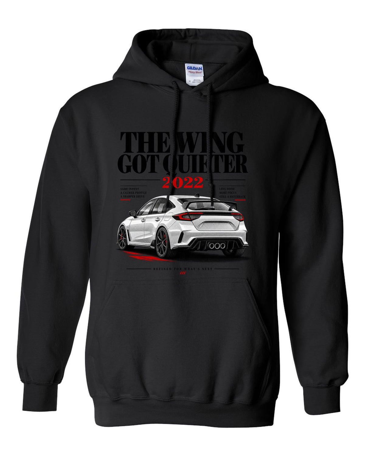 Honda Civic FL5 chback editorial headline design about the quieter rear wing black pull over hoodie front view with the design
