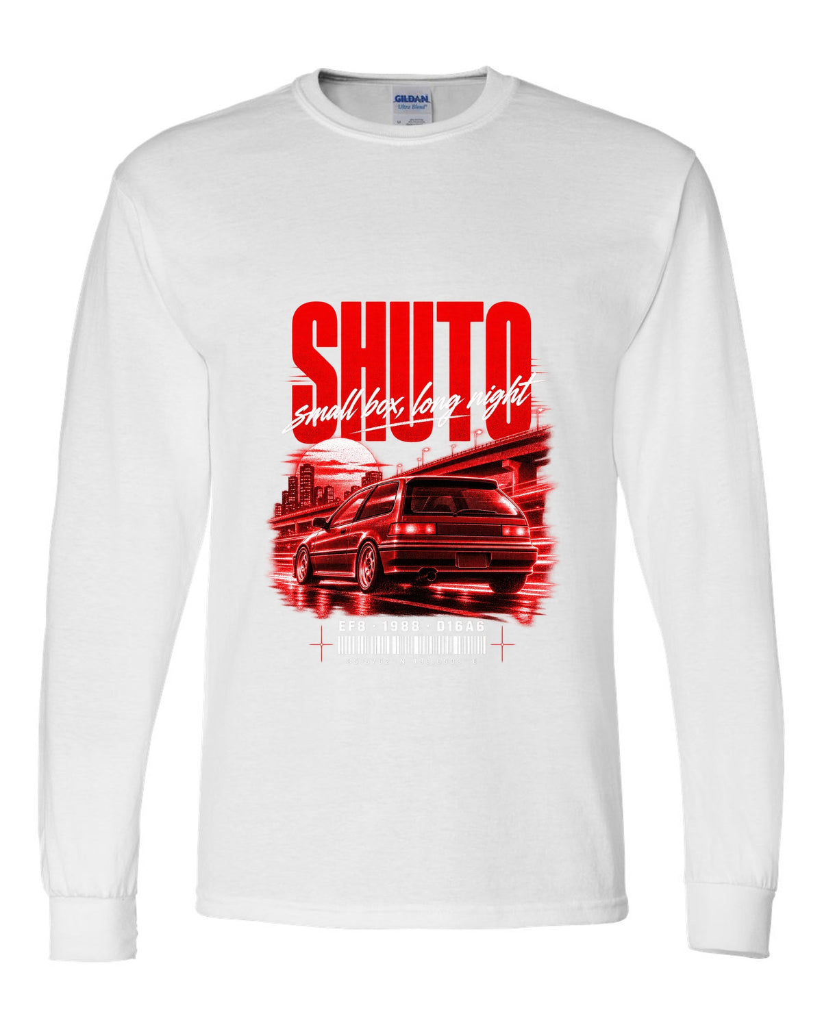 Street poster print for the 1988 Honda CRX EF8 Si with Shuto night lettering and D16A6 engine code white long sleeve front view with the design