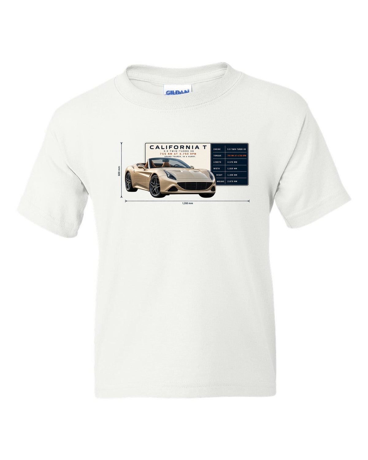 Spec poster print of the Ferrari California T in champagne tones white kids tee front view with the design
