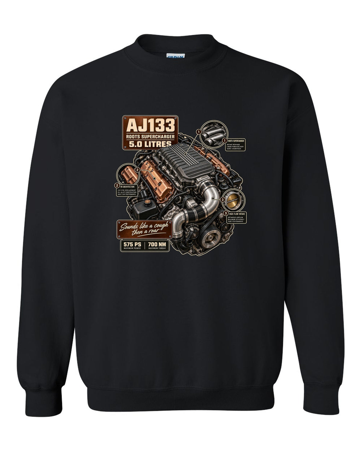 Engine hero print of the Jaguar F-Type R and SVR AJ133 supercharged 5.0 litre V8 black crewneck front view with the design
