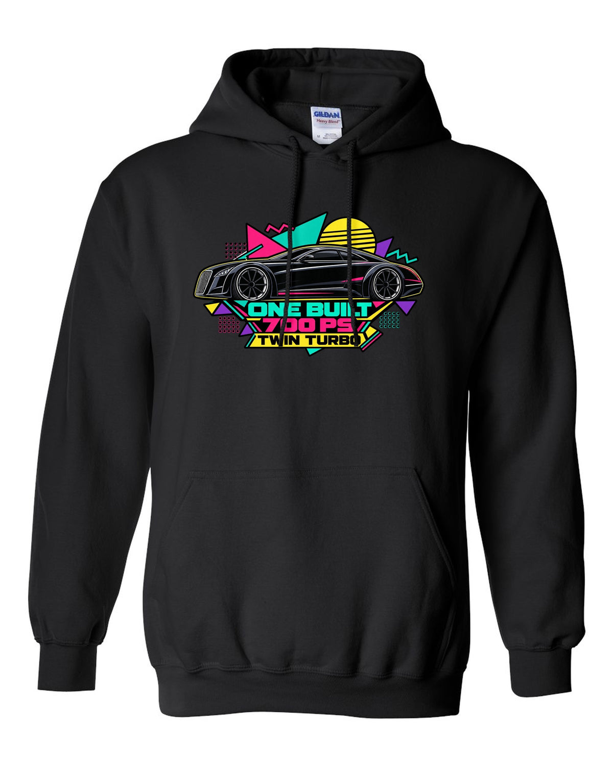 Retro Memphis style vector illustration of the one-off Maybach Exelero with One Built 700 PS Twin Turbo text black pull over hoodie front view with the design