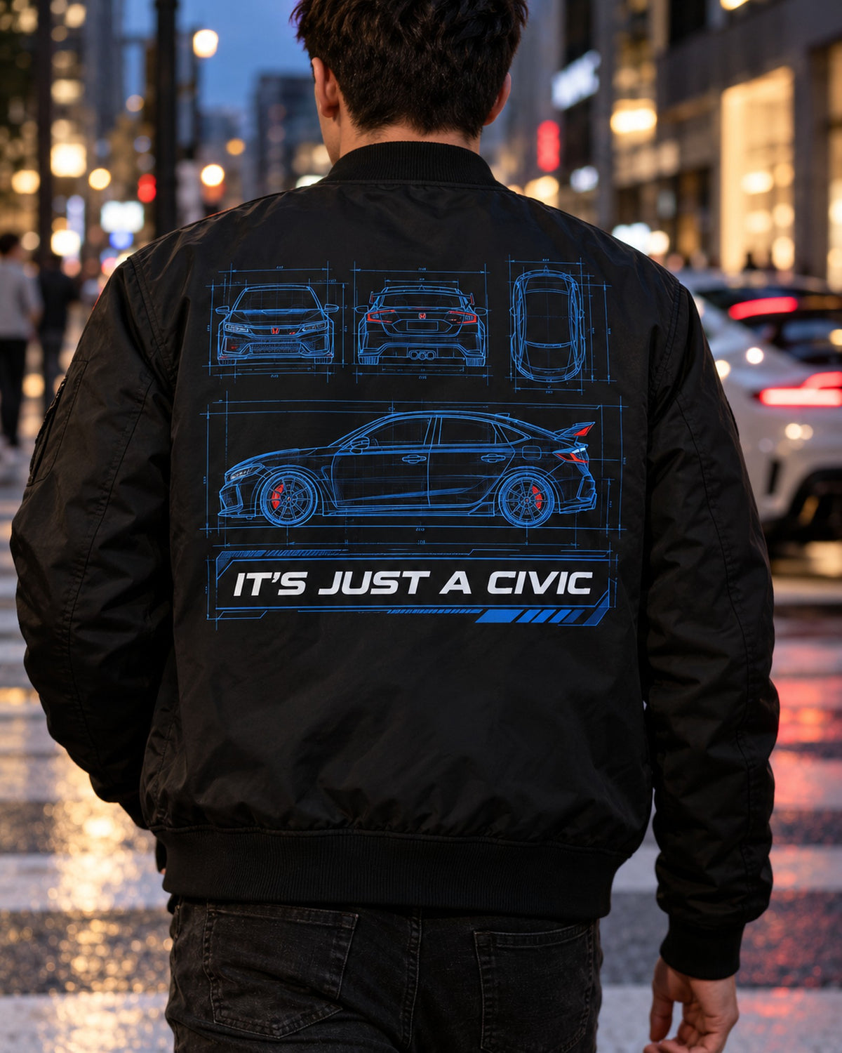 Honda Civic FL5 Cyanotype Blueprint Shirt, It's Just a Civic Bomber Jacket Black worn hero