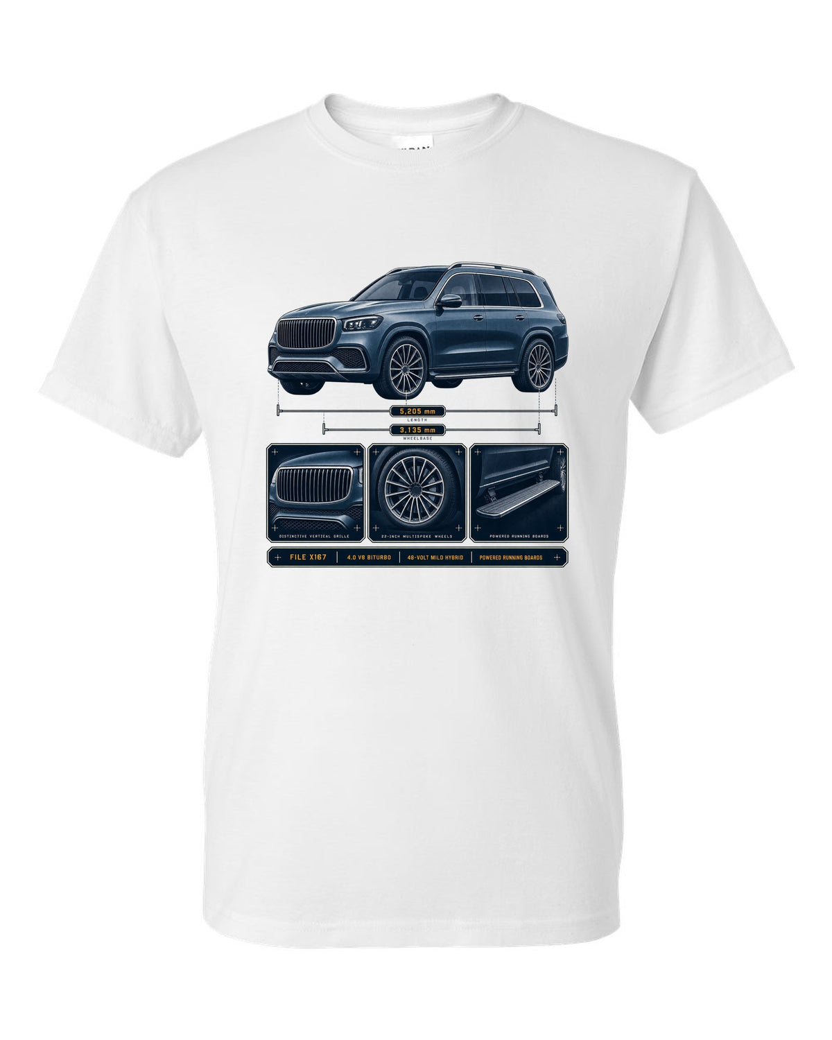 print dossier panels of a Mercedes-Maybach GLS 600 X167 in blue-grey white t-shirt front view with the design